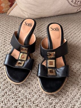 Sofft Black Leather Slide Wedges with Gold Accents and Cork Heel Size 8.5